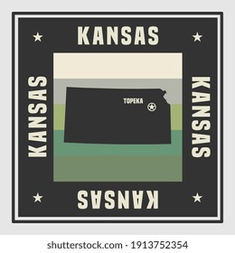 Abstract square stamp or sign with silhouette and name of US state Kansas, vector illustration