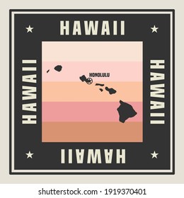 Abstract square stamp or sign with silhouette and name of US state Hawaii, vector illustration