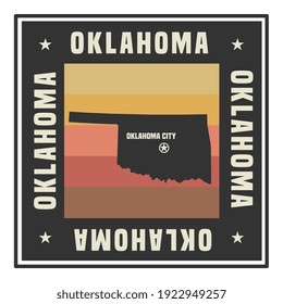 Abstract square stamp or sign with silhouette and name of US state Oklahoma, vector illustration