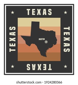 Abstract square stamp or sign with silhouette and name of US state Texas, vector illustration