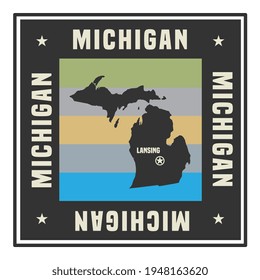 Abstract square stamp or sign with silhouette and name of US state Michigan, vector illustration