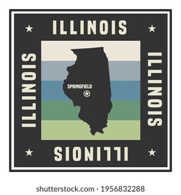 Abstract square stamp or sign with silhouette and name of US state Illinois, vector illustration