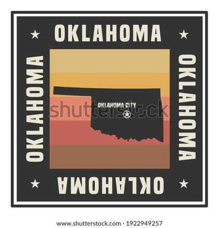 Abstract square stamp or sign with silhouette and name of US state Oklahoma, vector illustration