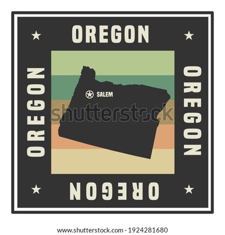 Abstract square stamp or sign with silhouette and name of US state Oregon, vector illustration