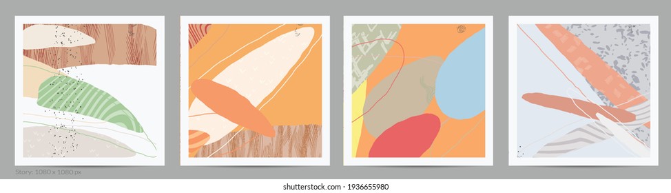 Abstract square template with lines and overlapping paint blobs. Contemporary simple composition. Modern art design. Natural color textured with spots and lines. Matte colors.