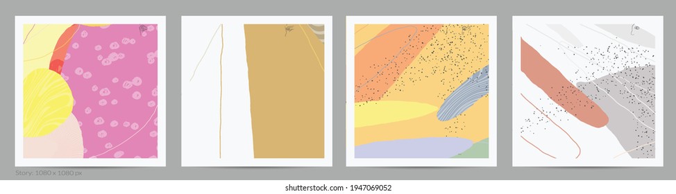 Abstract square template with lines and overlapping paint blobs. Contemporary simple composition. Modern art design. Natural color textured with spots and lines. Matte colors.