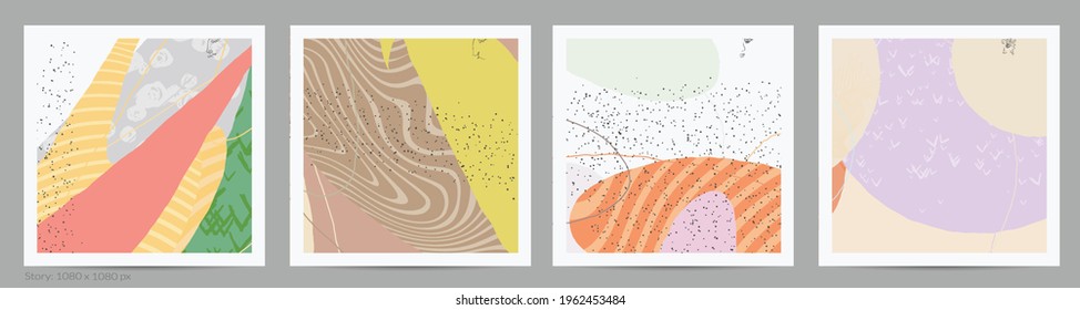 Abstract square template with lines and overlapping paint blobs. Contemporary simple composition. Modern art design. Natural color textured with spots and lines. Matte colors.