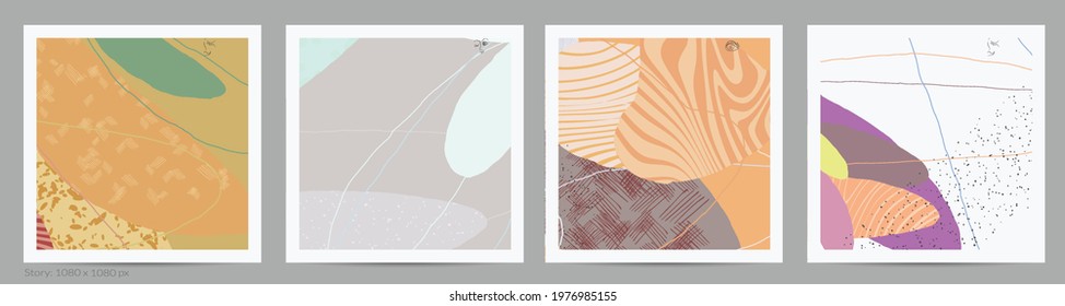 Abstract square template with lines and overlapping paint blobs. Contemporary simple composition. Modern art design. Natural color textured with spots and lines. Matte colors.