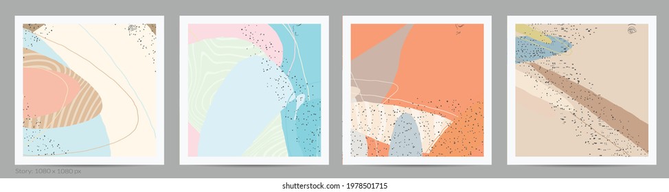 Abstract square template with lines and overlapping paint blobs. Contemporary simple composition. Modern art design. Natural color textured with spots and lines. Matte colors.