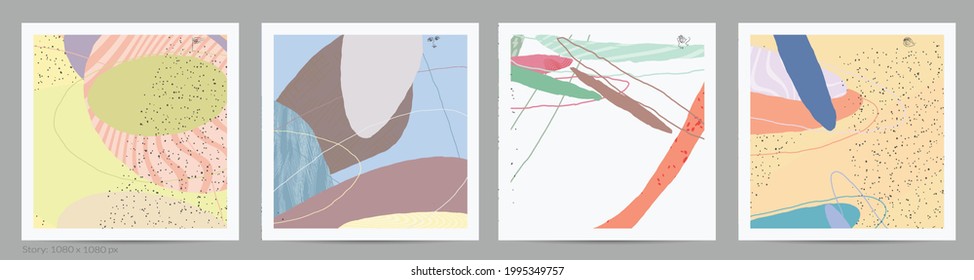 Abstract square template with lines and overlapping paint blobs. Contemporary simple composition. Modern art design. Natural color textured with spots and lines. Matte colors.
