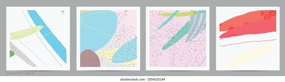 Abstract square template with lines and overlapping paint blobs. Contemporary simple composition. Modern art design. Natural color textured with spots and lines. Matte colors.
