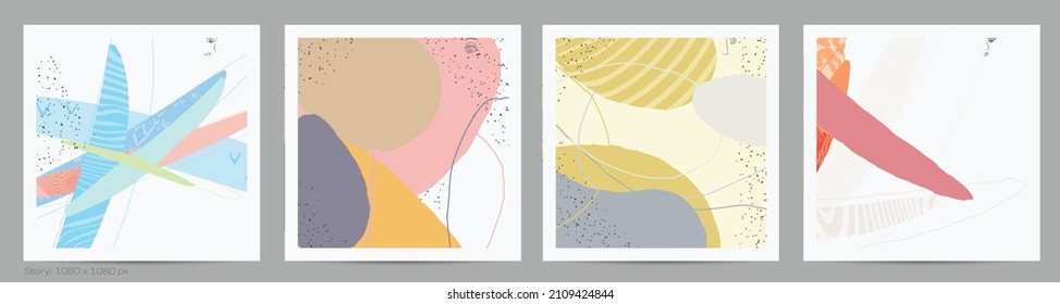Abstract square template with lines and overlapping paint blobs. Contemporary simple composition. Modern art design. Natural color textured with spots and lines. Matte colors.