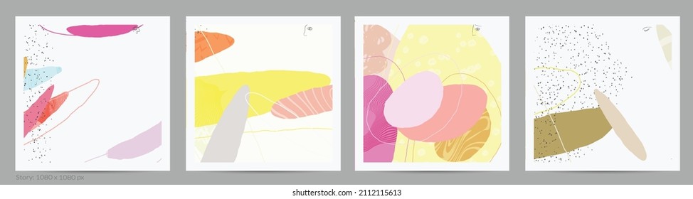 Abstract square template with lines and overlapping paint blobs. Contemporary simple composition. Modern art design. Natural color textured with spots and lines. Matte colors.