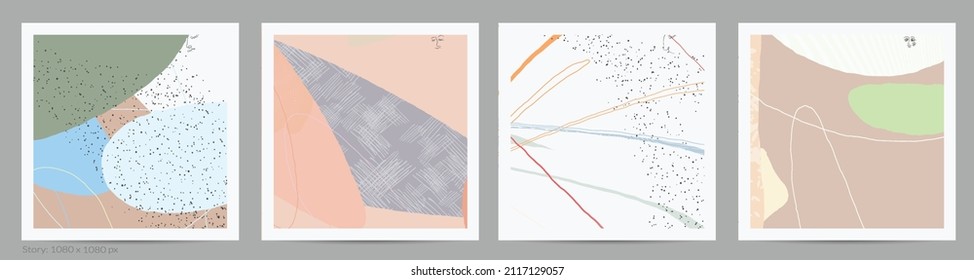 Abstract square template with lines and overlapping paint blobs. Contemporary simple composition. Modern art design. Natural color textured with spots and lines. Matte colors.