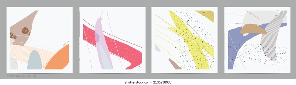 Abstract square template with lines and overlapping paint blobs. Contemporary simple composition. Modern art design. Natural color textured with spots and lines. Matte colors.
