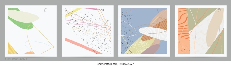 Abstract square template with lines and overlapping paint blobs. Contemporary simple composition. Modern art design. Natural color textured with spots and lines. Matte colors.