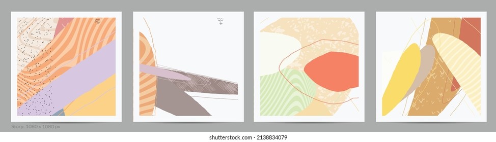 Abstract square template with lines and overlapping paint blobs. Contemporary simple composition. Modern art design. Natural color textured with spots and lines. Matte colors.