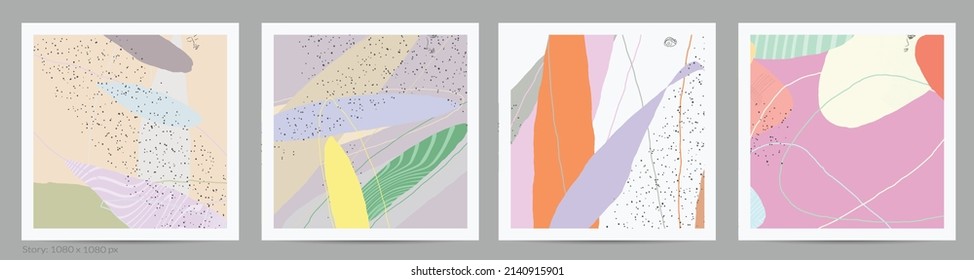 Abstract square template with lines and overlapping paint blobs. Contemporary simple composition. Modern art design. Natural color textured with spots and lines. Matte colors.