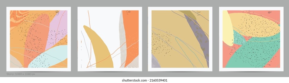Abstract square template with lines and overlapping paint blobs. Contemporary simple composition. Modern art design. Natural color textured with spots and lines. Matte colors.