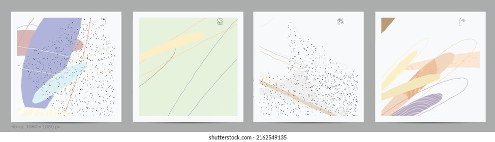 Abstract square template with lines and overlapping paint blobs. Contemporary simple composition. Modern art design. Natural color textured with spots and lines. Matte colors.