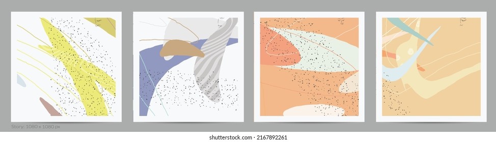 Abstract square template with lines and overlapping paint blobs. Contemporary simple composition. Modern art design. Natural color textured with spots and lines. Matte colors.