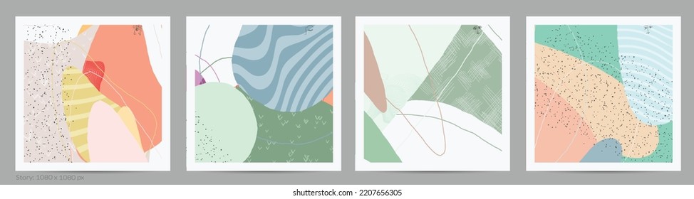 Abstract square template with lines and overlapping paint blobs. Contemporary simple composition. Modern art design. Natural color textured with spots and lines. Matte colors.
