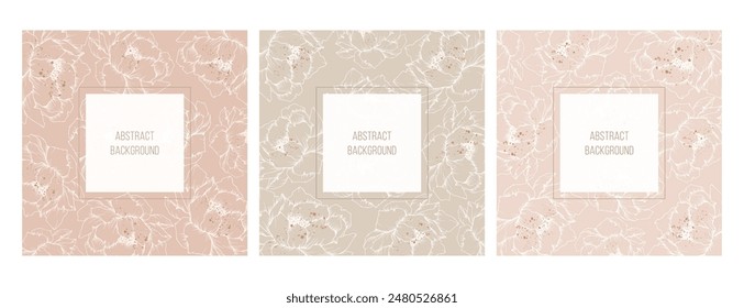 Abstract square templates for social media, posts with delicate flowers and peonies. Vector 