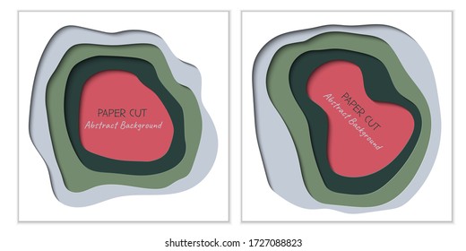 Abstract square vector backgrounds in paper cut style with shadows and copy space for text. Paper art in trendy colors with layers, shape of waves. Realistic minmal layout template for poster, banner