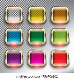 Abstract square web buttons set of 9. Square glass web icons with golden frame. Isolated with realistic, transparent glass shine and shadow on the white background. Vector illustration. Eps10.