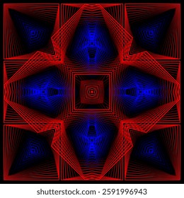 Abstract squared pattern with red and blue neon grids creating a 3D illusion. Strong depth effect with optical tension. Great for backgrounds, tech visuals, and futuristic projects.