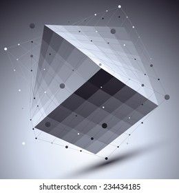 Abstract squared vector monochrome object with lines mesh over dark background, creative technology cube with grid imposed.