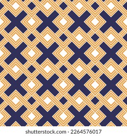 Abstract Squares Cross Geometric Complex Seamless Pattern Trendy Fashion Colors Minimal Psychedelic Lines Perfect for Allover Fabric Print or Wrapping Paper Navy Blue Orange Tones