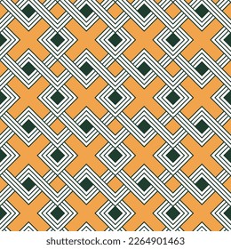 Abstract Squares Cross Geometric Complex Seamless Pattern Trendy Fashion Colors Minimal Psychedelic Lines Perfect for Allover Fabric Print or Wrapping Paper Orange Background Navy Tones