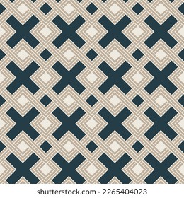 Abstract Squares Cross Geometric Complex Seamless Pattern Trendy Fashion Colors Minimal Psychedelic Lines Perfect for Allover Fabric Print or Wrapping Paper Navy Blue Beige Tones