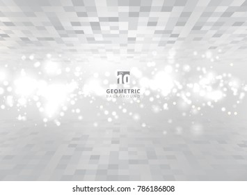 Abstract squares geometric gray and white perspective background with blurred soft focus bokeh. Pixel, Grid, Mosaic. Vector illustration