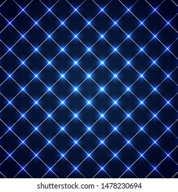 Abstract squares lines grid pattern with circles laser light on blue background technology concept. Geometric template design for cover brochure, banner web, presentation, etc. Vector illustration