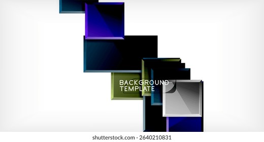 Abstract squares overlap, creating layered effect. Dark blues, silver tones dominate white gradient background. Modern design element.