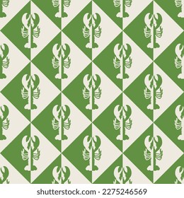 Abstract Squares Retro Lobsters Monochrome Shadows Seamless Vector Pattern Trendy Fashion Colors Minimal Geometric Decoration Texture Perfect for Allover Fabric Print or Wrapping Paper Green Tones