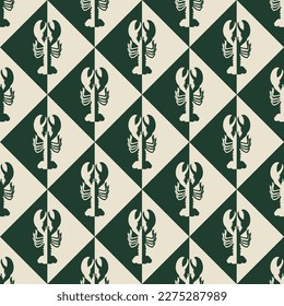 Abstract Squares Retro Lobsters Monochrome Shadows Seamless Vector Pattern Trendy Fashion Colors Minimal Geometric Decoration Texture Perfect for Allover Fabric Print or Wrapping Paper Dark Green