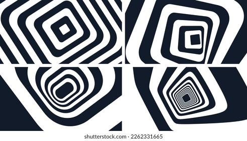 Cuadrados abstractos dentro de cuadrados. Ilustración de arte óptico. Diseño en blanco y negro. 3d patrón vectorial para folleto, afiche, presentación, volante o banner.