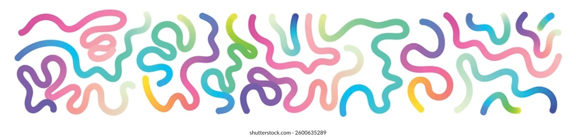 Abstract squiggle background with wavy gradient lines, colorful ribbon shapes, fun organic pattern, 3D curved design elements. Flat vector illustration isolated on white background.