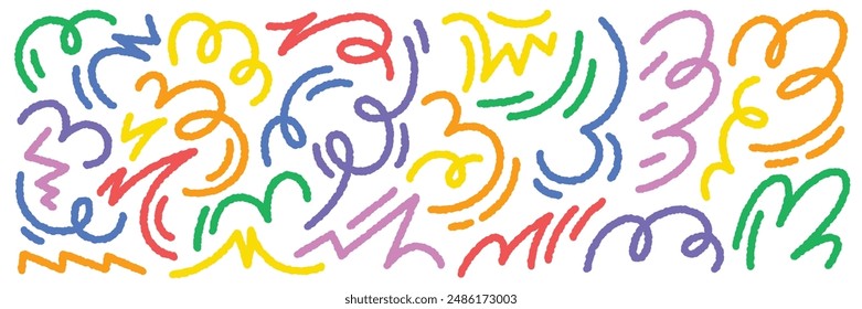 Abstract squiggle lines set. Creative color doodles. Trendy colorful shapes isolated on white background