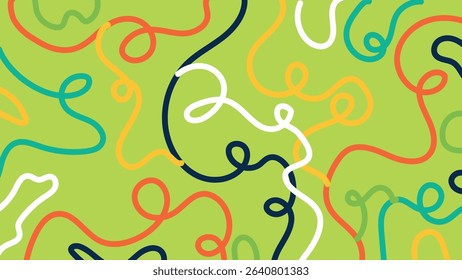 Abstract squiggle lines in white, red, blue, teal, yellow, and navy over lime green. A fun and energetic composition perfect for creative modern design projects.