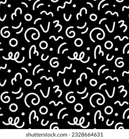 Abstract squiggle seamless pattern. Hand drawn fun line doodles. Black and white background for children or trendy design. Simple scribble wallpaper print.