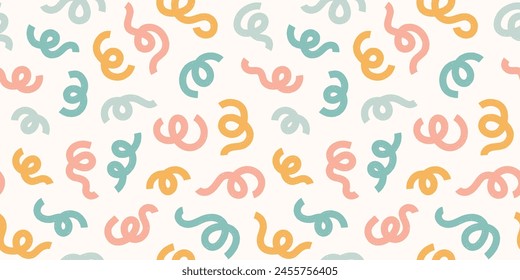 Formas de zigzag Abstractas patrón geométrico sin fisuras. Fondo de serpentinas de fiesta de confeti caído disperso en colores pastel. Líneas onduladas simples de la cinta en la paleta del arco iris silenciada textil Fondo de pantalla impresión.