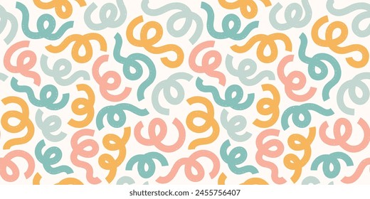 Abstract squiggle shapes geometric seamless pattern. Falling confetti party streamers background texture in pastel colors. Simple wavy ribbon lines in muted rainbow palette textile wallpaper print.