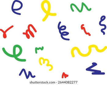 Abstract squiggle shapes in primary colors scattered on a white background, creating a vibrant, playful design.