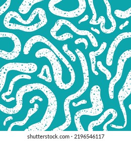 Abstract squiggle vector seamless pattern backdrop. Wide wavy doodle lines with grunge terrazzo texture. Aqua blue white backdrop. Coiling snaky loops repeat. Fun design for summer, water waves