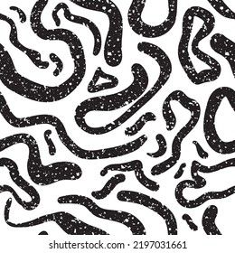 Abstract squiggle vector seamless pattern backdrop. Wide wavy doodle lines with grunge terrazzo texture. Black white backdrop. Coiling snaky loops repeat. Fun Memphis style design for packaging