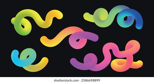 Abstract squiggly lines. Gradient geometric shape. Colorful swirl elements of rainbow palette. Design with wave spiral. Graphic Fluid spiral pattern. Childish vector illustration.